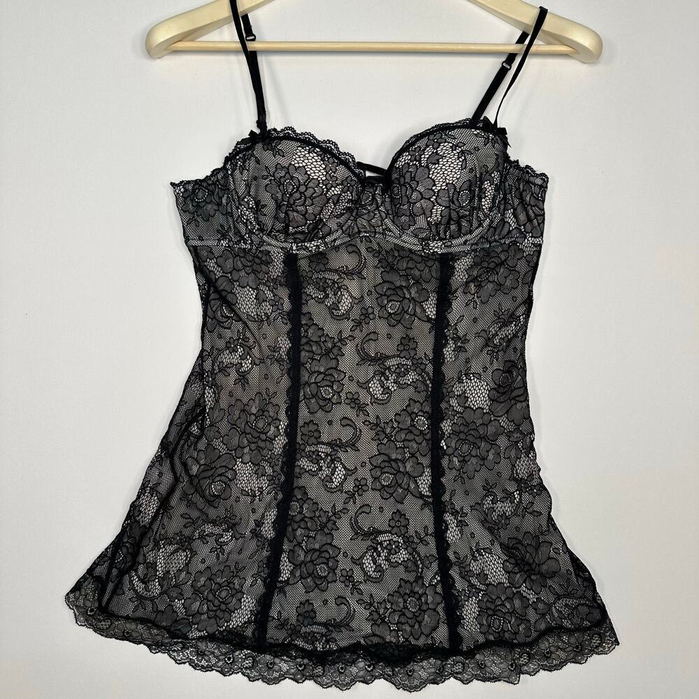 Victoria’s Secret Sexy Little Things Black Lace Babydoll Chemise Bra Slip 36B